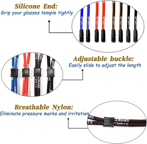 Miniatura 3 de Paquete de 4 correas ajustables para gafas, cordón deportivo antideslizante para el cuello, cuerda de nailon suave para lentes anchos de patillas