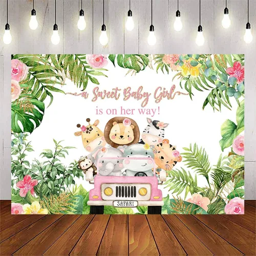 Avezano Telón de fondo rosa para baby shower de safari para niñas, animales de la selva, decoración de baby shower, hojas tropicales, suministros de
