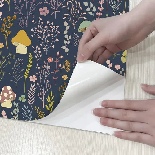 Miniatura 7 de Papel tapiz bohemio para despegar y pegar, papel tapiz autoadhesivo extraíble de vinilo de hongos azules para decoración de dormitorio, 17.3 x 236