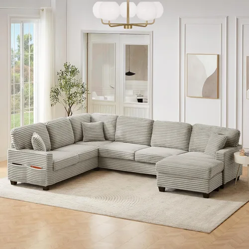 Miniatura 18 de JIVOIT Sofá cama moderno en forma de L con dos almohadas de respaldo, sofá cama modular de 124.8 pulgadas con cama extraíble, sofá modular Beige 052
