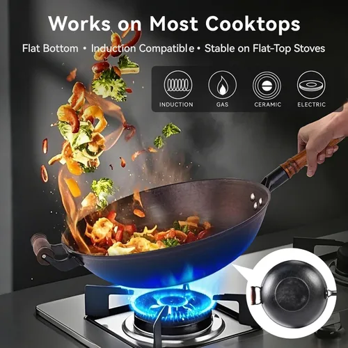 Miniatura 3 de WANGYUANJI Olla de hierro fundido, wok chino de 13.4 pulgadas, wok de hierro de fondo plano con tapa, sartén adecuada para inducción, eléctrica