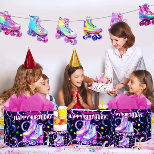 Miniatura 6 de Patinaje sobre ruedas para decoración de cumpleaños, bolsa de regalo de cumpleaños con papel de regalo y tarjeta, bolsa de papel grande y colorida