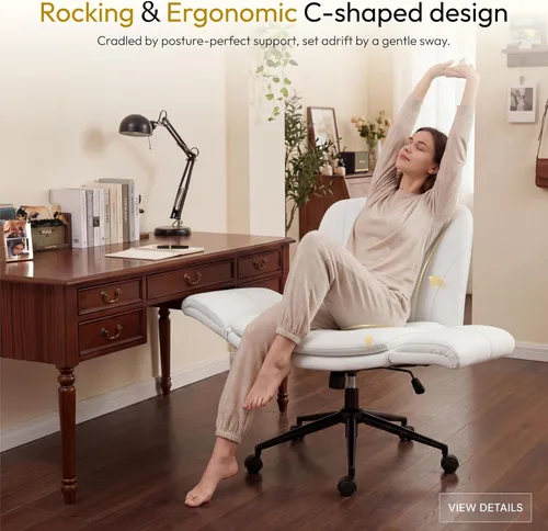 Miniatura 5 de Dowinx Silla Criss Cross con brazos ajustables de cinco niveles y ruedas - Cómoda silla giratoria de cuero sintético ergonómica para tocador - Silla