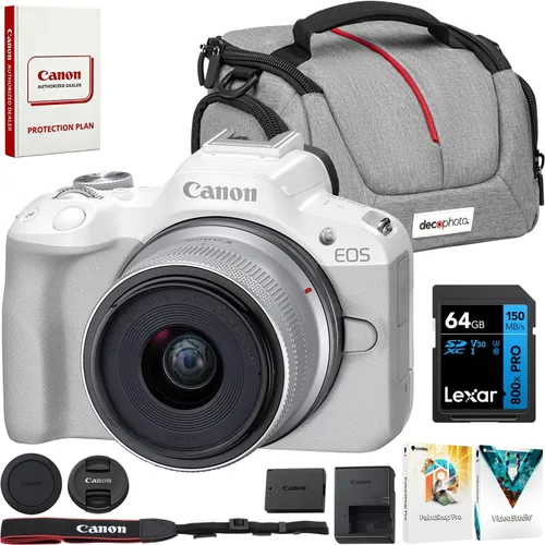 Canon EOS R50 cámara sin espejo + lente RF-S 18-45mm F4.5-6.3 IS STM Blanco 5812C012 paquete con tarjeta de memoria SDXC Lexar Premium PRO Blue