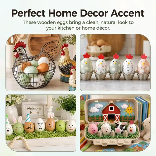 Miniatura 7 de POPLAY Huevos falsos de madera, huevos falsos de madera de 3 colores para manualidades, manualidades, pintura de huevos, nido de pollo