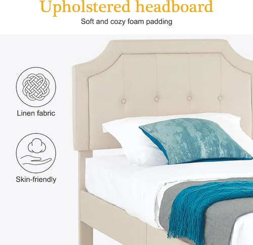 Miniatura 7 de VECELO Base de cama de plataforma de tamaño individual con cabecera tapizada de tela y soporte de listones de madera, no necesita somier/fácil Beige