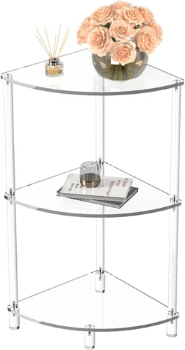 Miniatura 8 de Eglaf - Mesa auxiliar de esquina acrílica de 2 niveles, mesa auxiliar transparente Triangle Side Table, Fan-Shaped Corner Table for Living Room