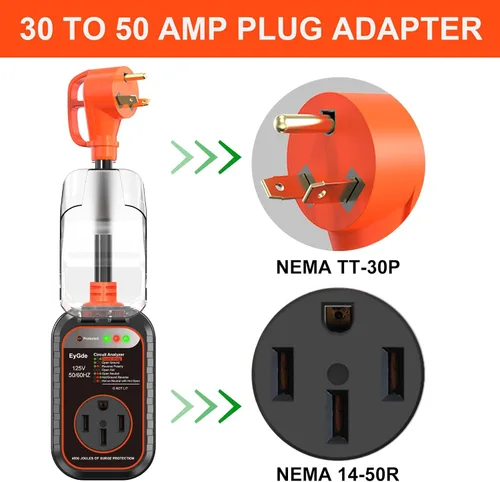 Miniatura 2 de EyGde Adaptador RV de 30 amperios a 50 amperios con protector de sobretensiones, NEMA TT-30P macho a enchufe hembra 14-50R, analizador de circuitos