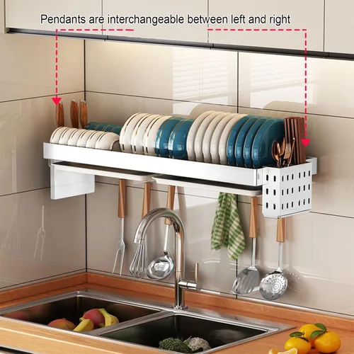 Miniatura 3 de IMPREC Estante de secado de platos colgante, organizador de platos de secado colgante, estante de almacenamiento sobre el fregadero, estante