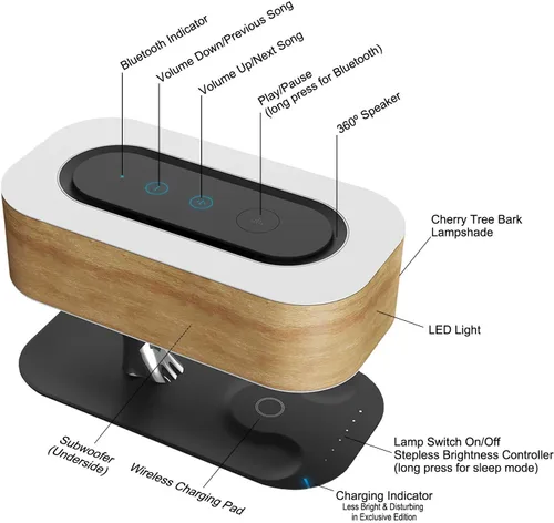 Miniatura 8 de Ampulla Lámpara de noche con altavoz Bluetooth y cargador inalámbrico, modo de sueño, regulable sin pasos, 20.00watts