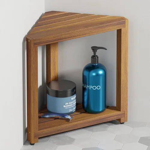 BLUEWEST Taburete de ducha esquinero de madera de acacia de 16.5 pulgadas, banco de ducha esquinero de madera para afeitarse las piernas dentro de