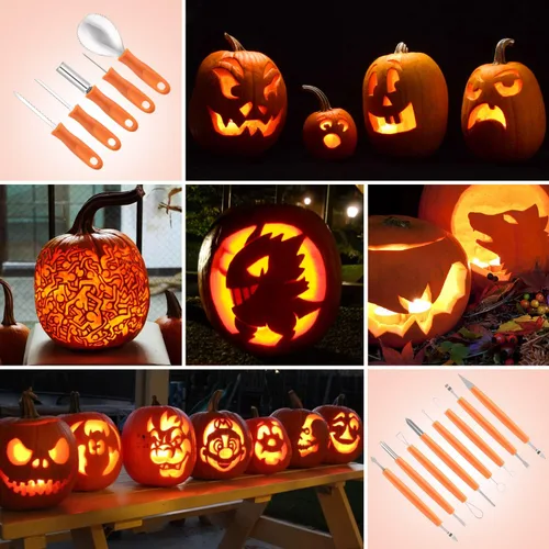 Miniatura 3 de CHRYZTAL Kit de tallado de calabaza para Halloween, 13 piezas, juego profesional de tallado resistente, acero inoxidable de doble cara, kit