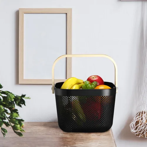 Miniatura 5 de Sadnyy 4 cestas de almacenamiento de malla de plástico para cosecha de jardín con mango de madera, contenedor de malla multifuncional para gabinete