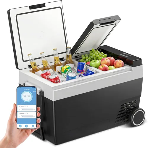 Feelfunn Refrigerador de 12 voltios de 45 cuartos (42 L), refrigerador de coche de doble zona con ruedas, enfriador eléctrico de -4 °F a 68 °F con