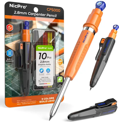 Miniatura 11 de Nicpro Lápices de carpintero magnéticos 7 en 1 CP5000 con sacapuntas, lápiz mecánico de construcción + 10 recargas, marcador de agujero profundo