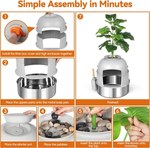 Miniatura 9 de Caja de arena oculta para gatos con planta artificial, muebles de acero inoxidable, maceta redonda decorativa incluye cuchara, guijarros, filtro