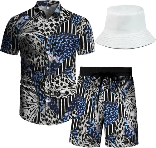 Miniatura 44 de RPOVIG Conjunto de playa a juego con camisas y pantalones cortos para hombre, ropa floral hawaiana para festival, conjuntos de 2 piezas con sombrero
