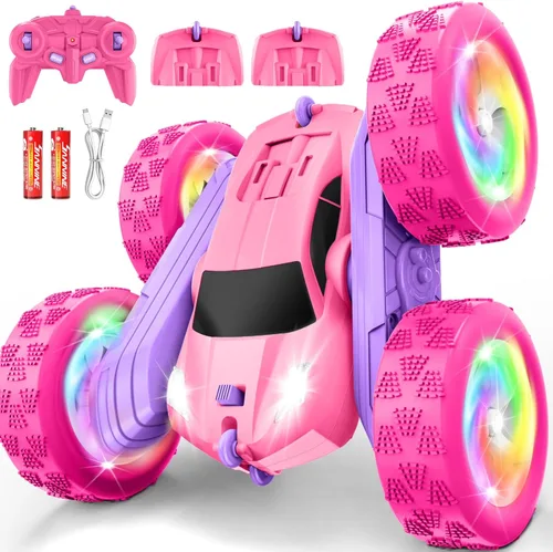 Auto a control remoto, autos RC para niñas, rastreador RC de doble cara de 2.4 GHz con batería modular USB-C mejorada, juguetes de automóvil Rosa