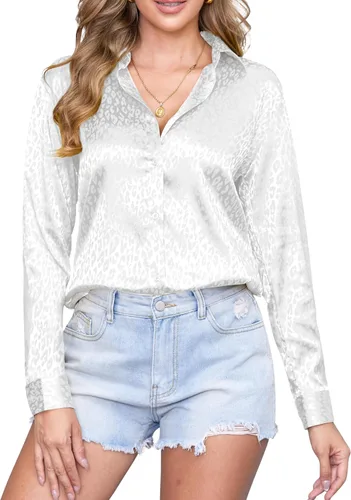 Miniatura 19 de CUNLIN Camisas de satén de seda suave con botones de leopardo para mujer, camisa de trabajo de manga larga de seda, blusas de vestir, tops