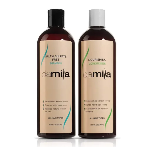 Damila Champú y acondicionador sin sal y sulfato para queratina y cabello teñido – Paquete profesional de queratina para cabello dañado, encrespado,