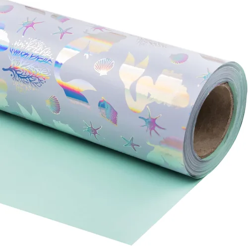 WRAPAHOLIC Papel de regalo reversible, mini rollo, 17 pulgadas x 33 pies, sirena con diseño de lámina colorida para cumpleaños de niños, fiestas,