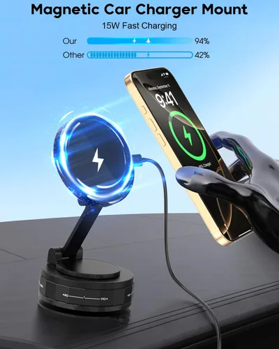 Miniatura 2 de Cargador de coche inalámbrico, fuerte soporte magnético para teléfono, [carga inalámbrica de 15 W más rápida], soporte plegable ajustable de 360°