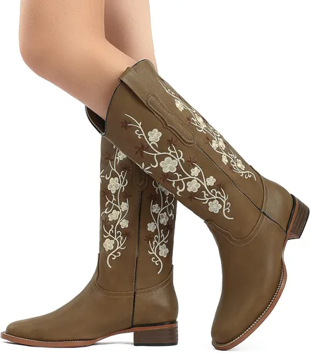 Miniatura 3 de SO SIMPOK Botas vaqueras bordadas con flores para mujer, botas vaqueras retro, botas occidentales, botas de media pantorrilla