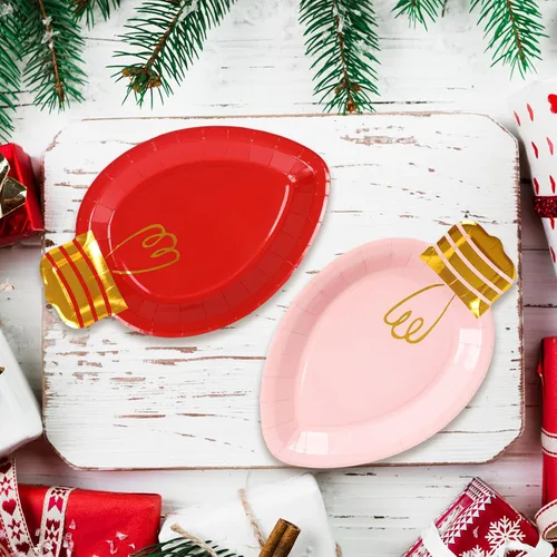 Miniatura 6 de Whaline 30 platos de papel de Navidad con forma de luces desechables para cena y fiesta, vajilla de vacaciones para postres ensaladas, aperitivos