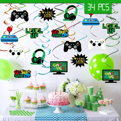 Miniatura 2 de MIAHART 34 piezas de remolinos colgantes para fiestas de videojuegos, serpentinas de techo de aluminio para decoración de fiesta de cumpleaños
