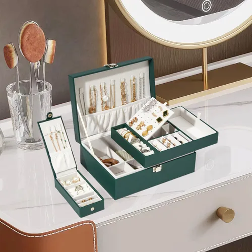 Miniatura 2 de BUTI4WLD Joyero, organizador de joyería de 2 capas con estuche de joyería de viaje, organizador de cuero sintético para aretes, anillos, collares