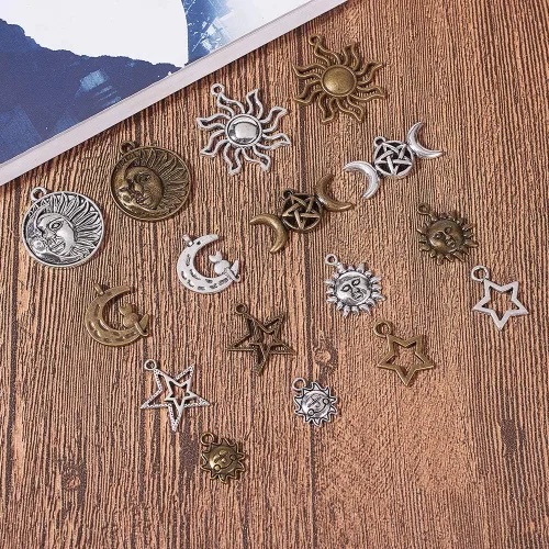 Miniatura 7 de SUNNYCLUE 64 dijes estilo tarot, sol, luna, estrella, aleación a granel, media luna tibetana, triple luna, diosa para hacer joyas, accesorios mixtos