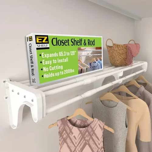 EZ Shelf - Barra y estante de armario expandible de 65.3 a 120 pulgadas - Capacidad de 200 libras - Rápida - Estantes de armario de instalación para