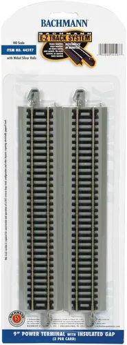 Bachmann Trenes - TERMINAL DE POTENCIA A PRESENTACIÓN E-Z PISTA 9" w/AISLADO GAP (2/tarjeta) - Riel Níquel Plata con Roadbed Gris - Escala HO