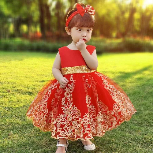 Miniatura 5 de 0-6T - Vestido de tutú de encaje bordado con lentejuelas y lazo grande para fiestas de bebé y niñas pequeñas con tocado