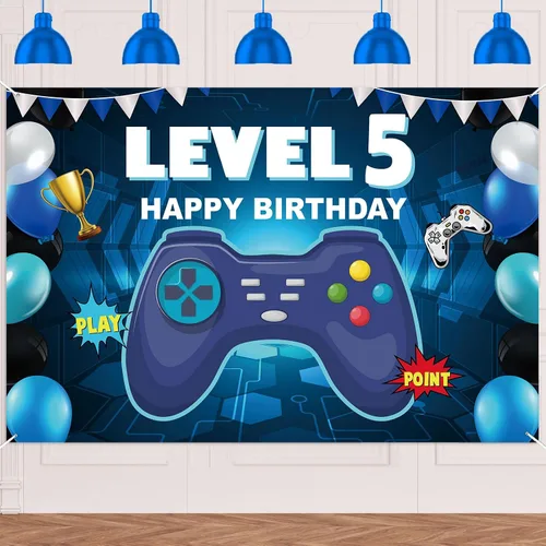 Pancarta de nivel 5 desbloqueada con texto en inglés «Happy 5 Birthday» para decoración temática de videojuegos para niños y niñas, fiesta de 5