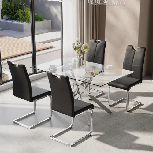 Miniatura 20 de Juego de mesa de comedor de 5 piezas para 4, mesa rectangular moderna de cristal con 4 sillas tapizadas de cuero, juegos de mesa y sillas de comedor