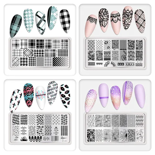 Miniatura 7 de Born Pretty Juego de placas de estampado de uñas, flores a cuadros, hojas, encaje, placas de imagen de arte de uñas de primavera a invierno, kit