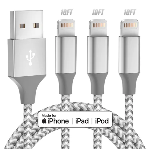Cargador para iPhone paquete de 3, 10 pies, cable Lightning largo certificado MFi de Apple, carga rápida, sincronización de datos de alta velocidad,