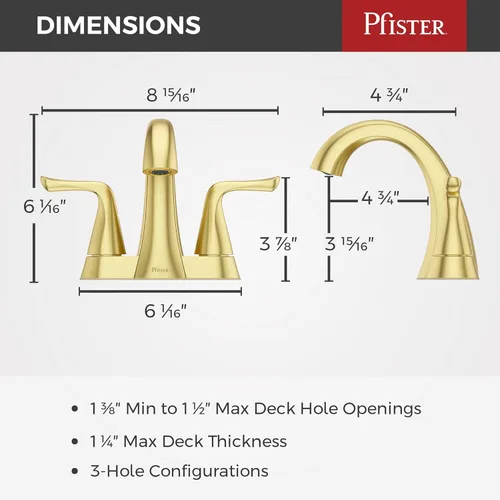 Miniatura 3 de Pfister Willa LF048MALBG - Grifo de lavabo de baño de 4 pulgadas, 2 manijas y 3 agujeros, certificado NSF, acabado dorado cepillado con drenaje