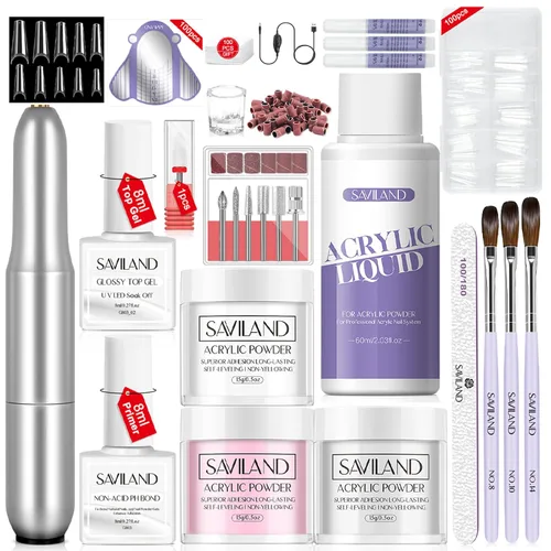 Miniatura 32 de Saviland Kit de iniciación de uñas acrílicas: polvo y líquido acrílico rosa claro nude, cepillo, limas, formularios, uñas a presión, juego