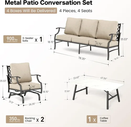 Miniatura 8 de SUNSHINE VALLEY Juego de muebles de patio, 4 piezas de muebles modernos de metal para exteriores, sofá de 3 plazas, 2 sillas mecedoras, mesa