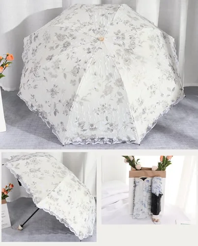 Miniatura 2 de Honeystore Parasol de viaje plegable Brolly Anti-UV Sombrilla Vintage 3 pliegues gris