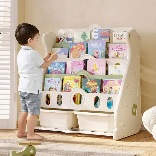 Estantería infantil y almacenamiento de juguetes para niños pequeños, estantería blanca de 4 niveles para dormitorio/guardería/aula, estantería de