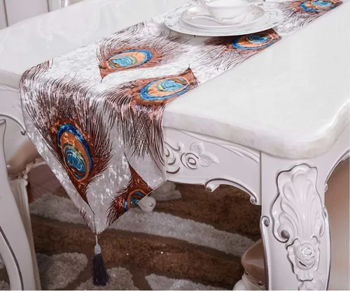 Miniatura 4 de Camino de mesa de pavo real con borlas, camino de pavo real jacquard para fiestas y bodas, camino de plumas de 13 x 90 pulgadas