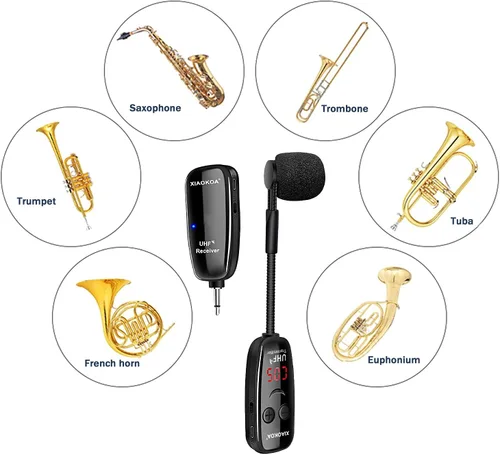 Miniatura 4 de Micrófono inalámbrico para saxofón, micrófonos UHF para saxofón, micrófono con clip de carga y pantalla digital, para trompeta, tuba, trombón