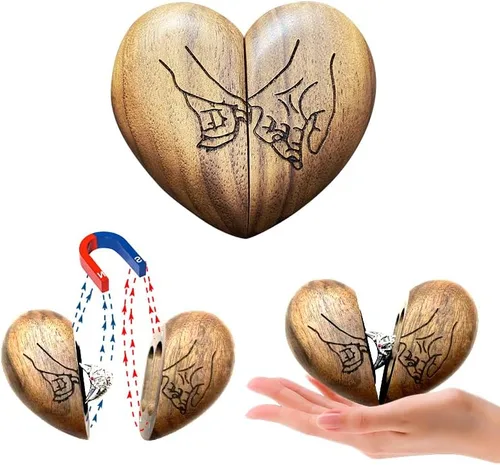 Miniatura 3 de Caja de madera para anillos para ceremonia de boda, caja de anillo en forma de corazón, caja de madera maciza con doble anillo, caja de anillo
