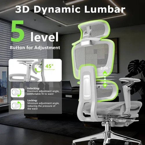 Miniatura 5 de Silla de oficina ergonómica con reposapiés, silla de escritorio de malla de respaldo alto, soporte lumbar y reclinable de 90-135°, reposacabezas 3D