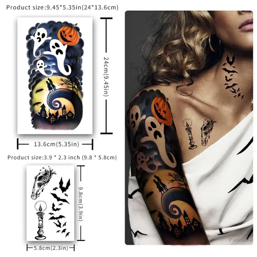 Miniatura 2 de Yazhiji 40 hojas de tatuajes temporales de Halloween, calabaza, bruja, azúcar, cráneo, tatuajes familiares, para mujeres, hombres, niños y niñas