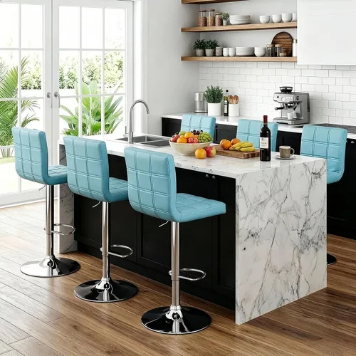 Miniatura 12 de ZENY Juego de 4 taburetes de bar giratorios ajustables, modernos taburetes de bar de cocina de piel sintética, taburete de bar con respaldo cuadrado