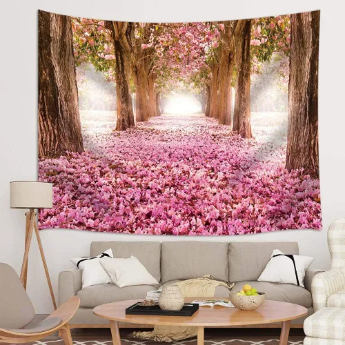 Miniatura 13 de JAWO Alfombra Floral de Sakura Rosa, Tapiz para Colgar en la Pared, Árbol de Flores de Cerezo en Primavera, para Dormitorio, Sala de Estar